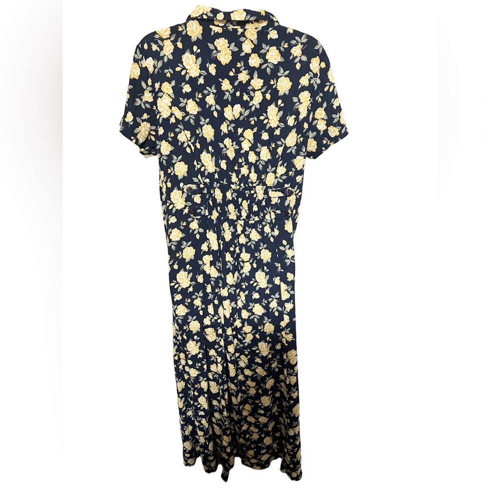 Vintage Fashion Bug 16 Maxi Shirt Dress Collar Button Navy Yellow Floral Women - Picture 2 of 12